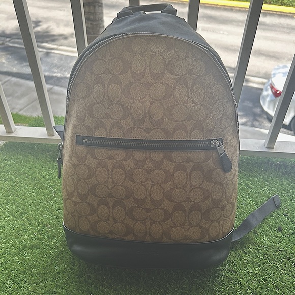 Auth COACH West Slim Backpack In Signature Canvas F78756 Beige/Black - Picture 1 of 8